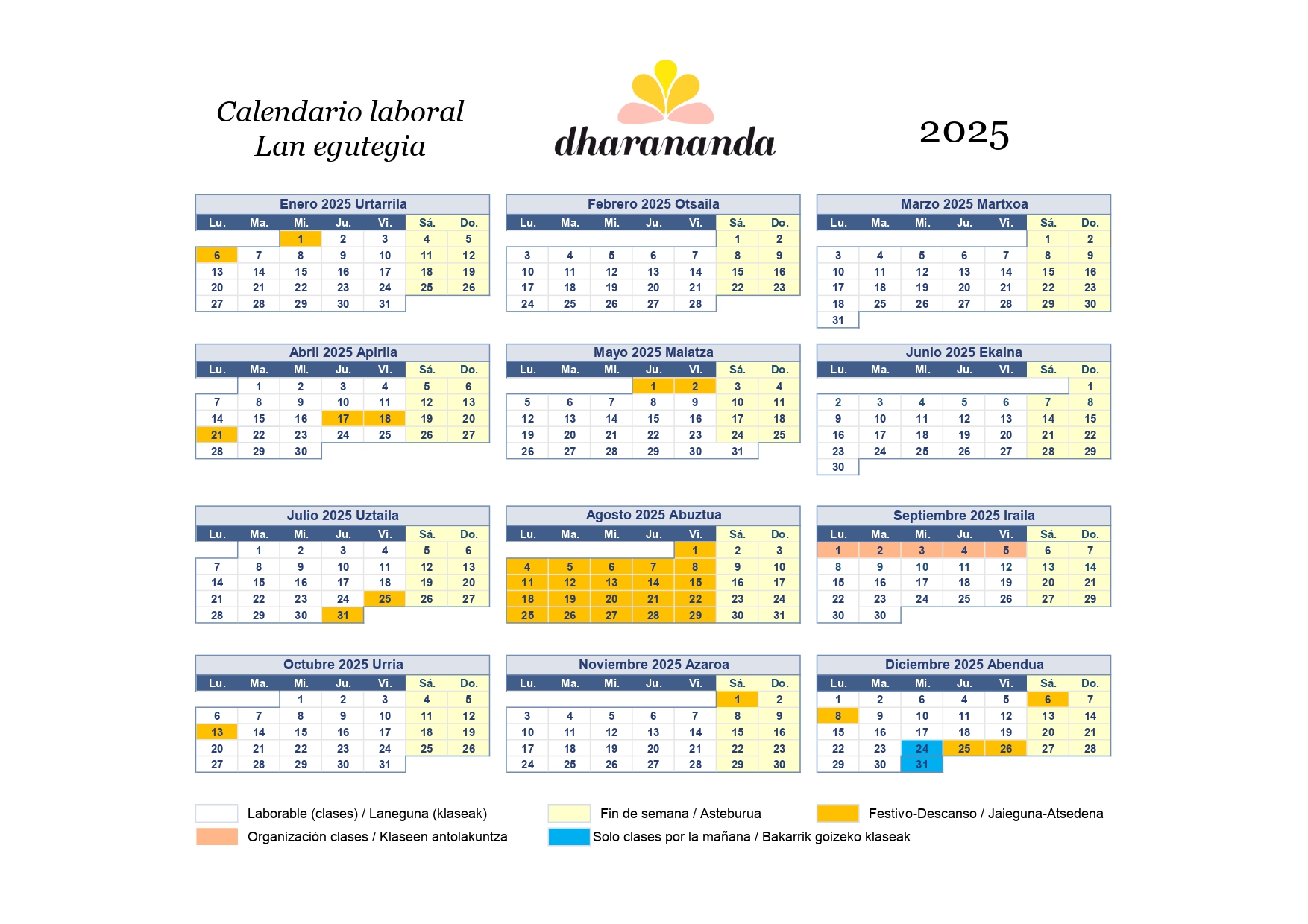 Calendario laboral 2025 Yoga Dharananda en Durango